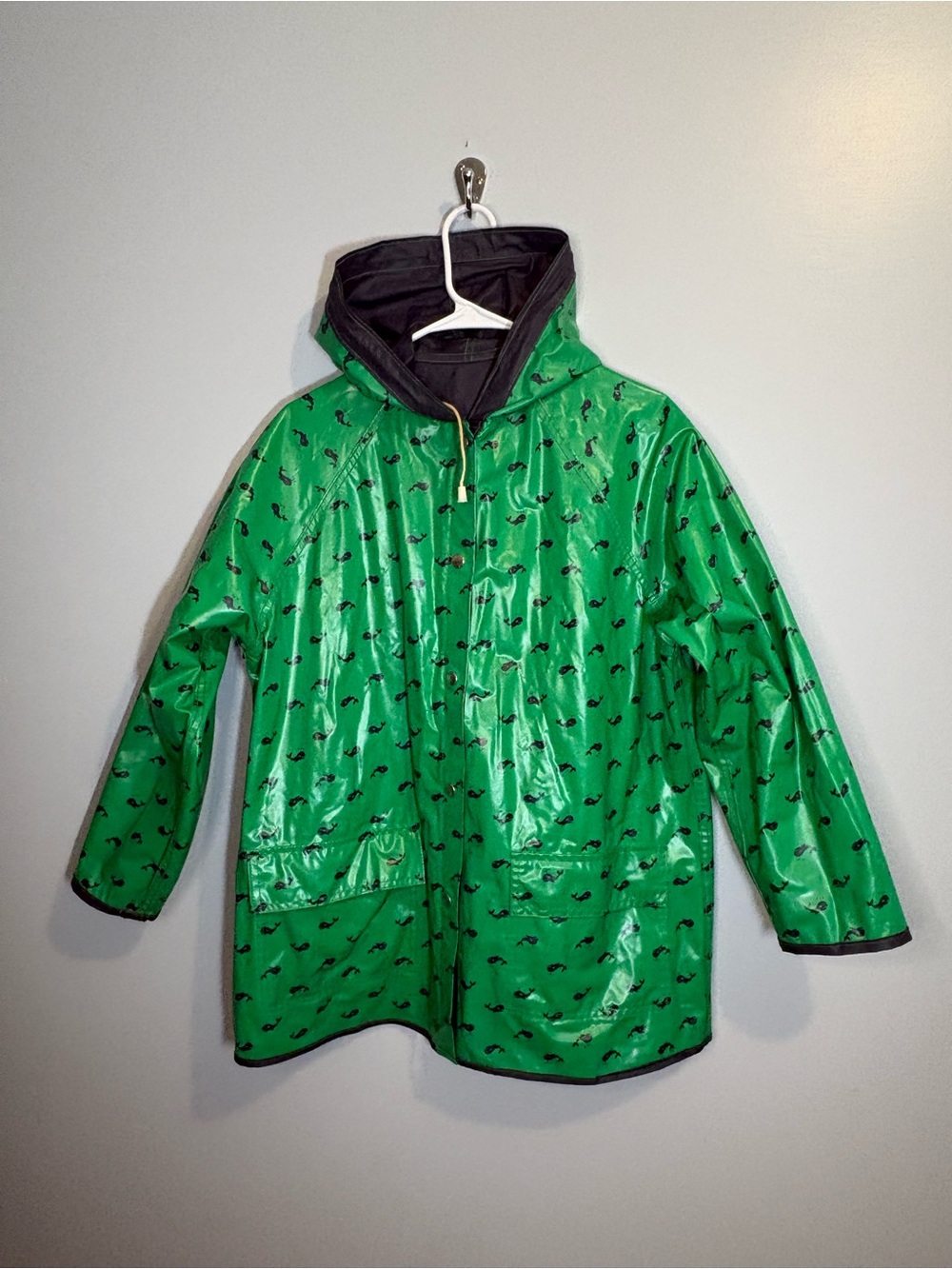 Vintage Navy Green Hooded Raincoat Reversible Whale 80s Kids Large Women’s Small